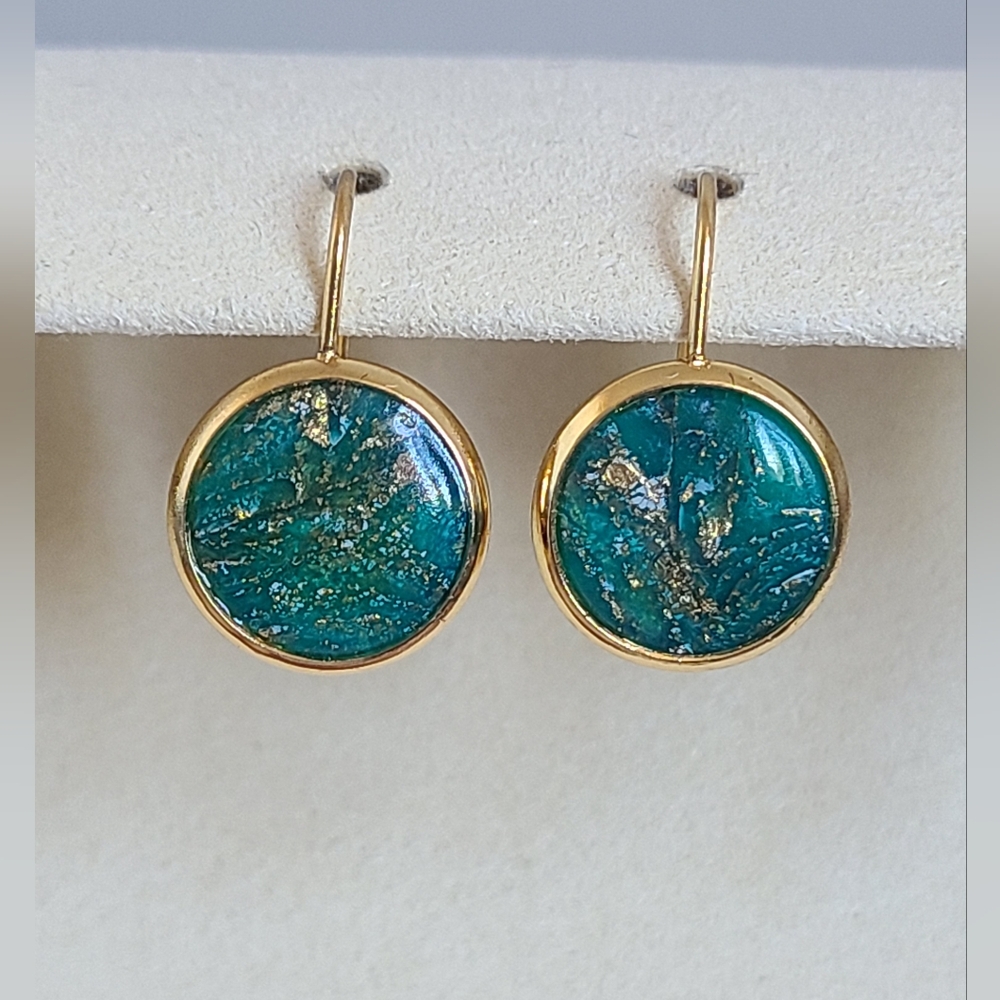 Hand Crafted Boho Gold Green Emerald Gemstone Circle Drop Dangle Earrings